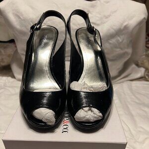 PATENT BLACK STYLE & CO PEEP TOE PUMPS - SIZE 7